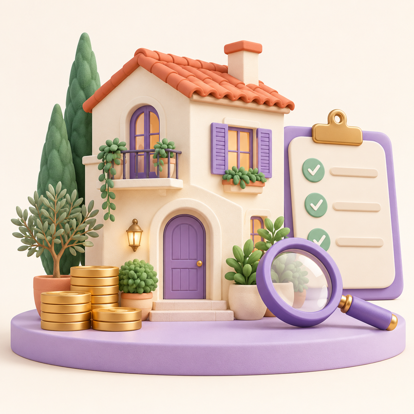 Maison méditerranéenne, loupe et pièces illustrant l’analyse d’un investissement